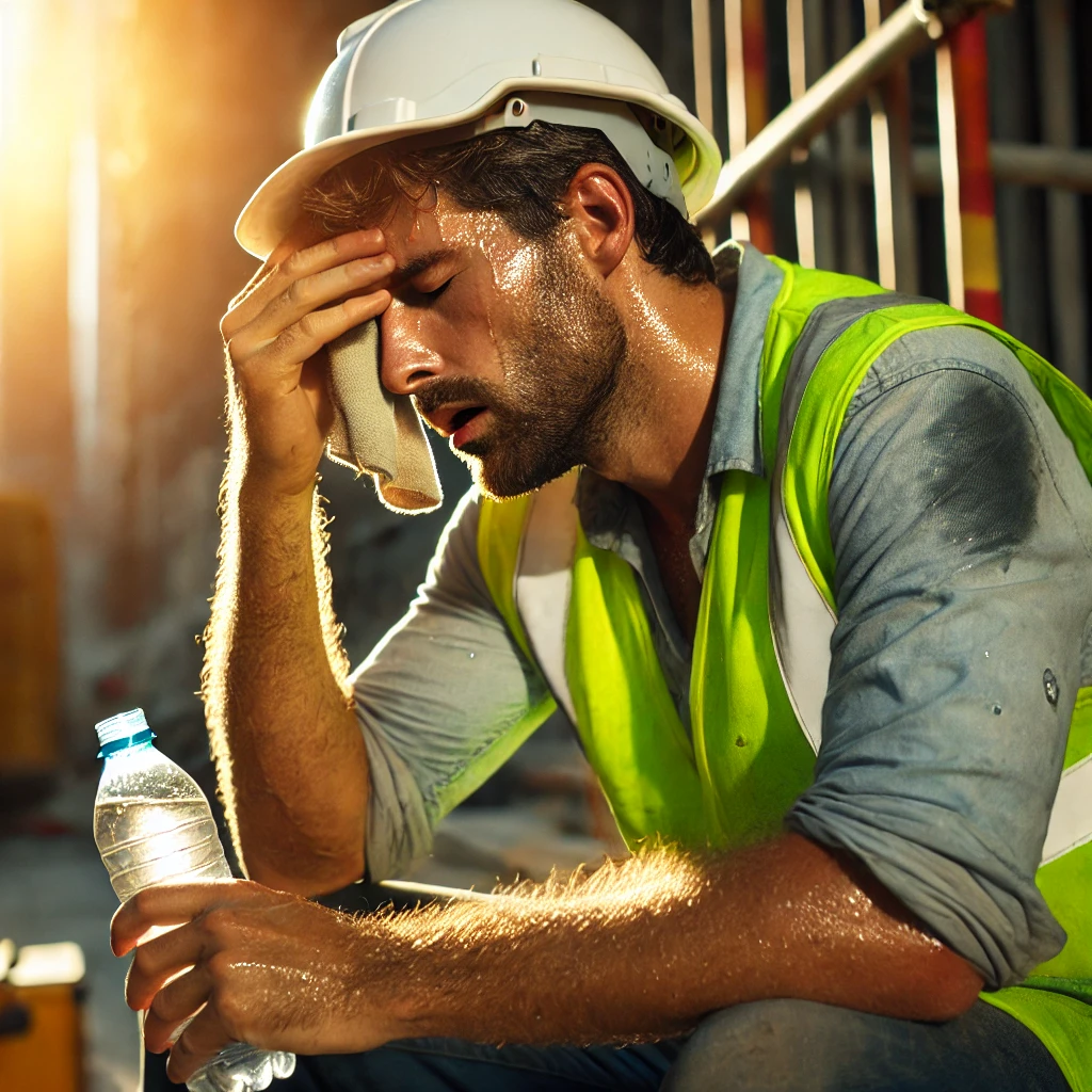 Trabajador de la construcción mostrando síntomas de golpe de calor en el trabajo.